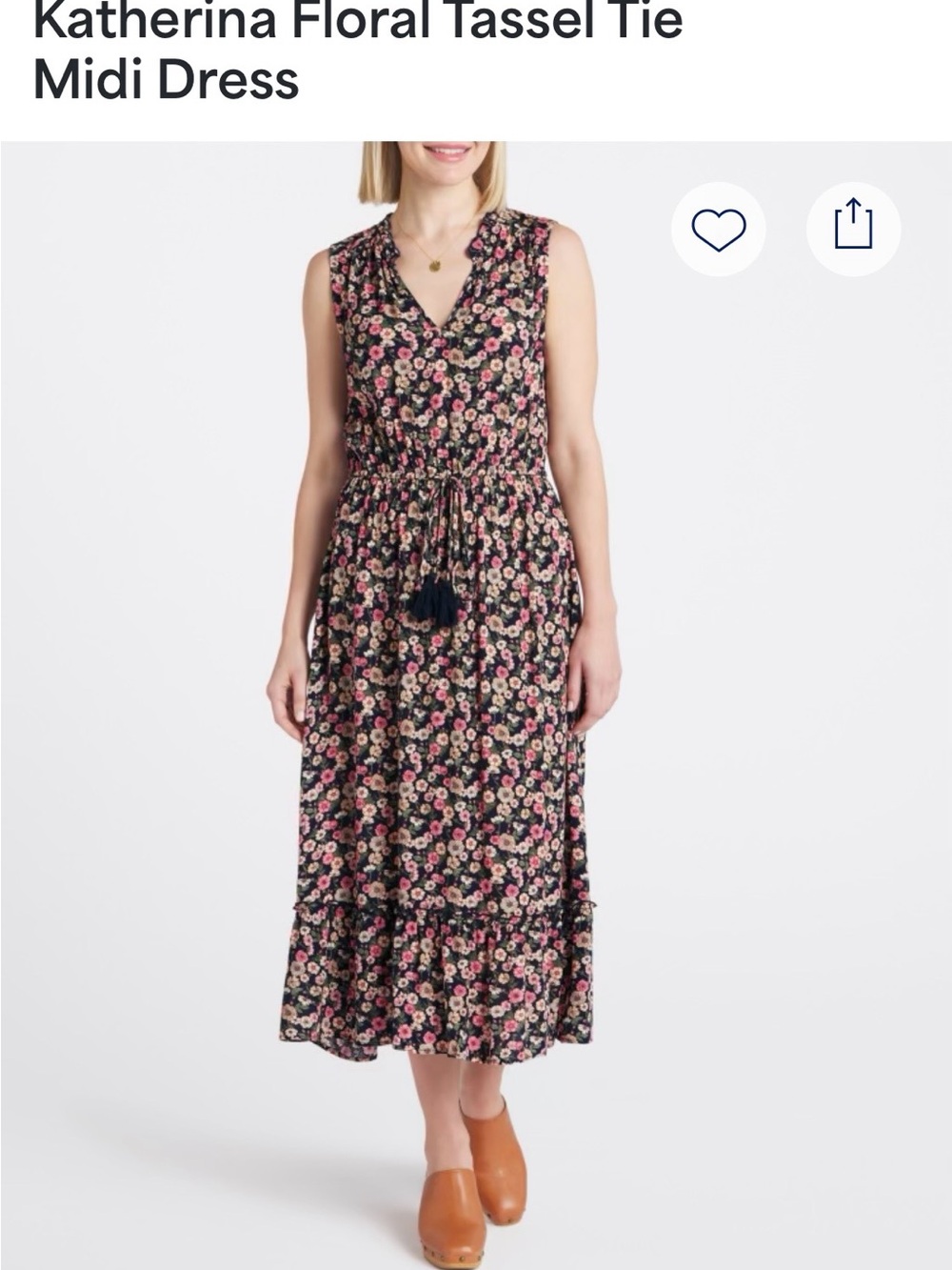 Navy Floral Midi Dress with Tie Waist